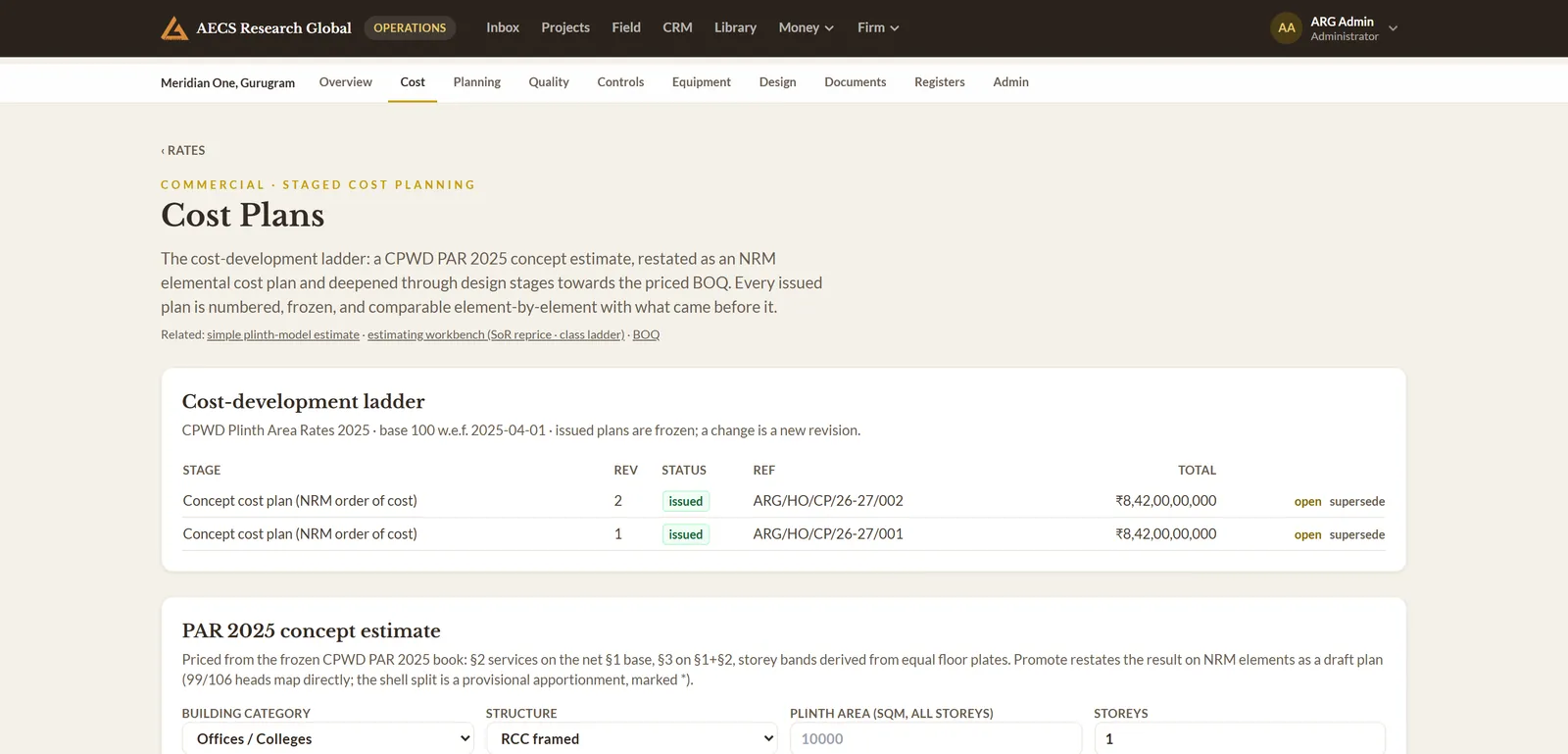 The ARG Assure cost-plans screen showing a cost-development ladder with issued, frozen revisions
